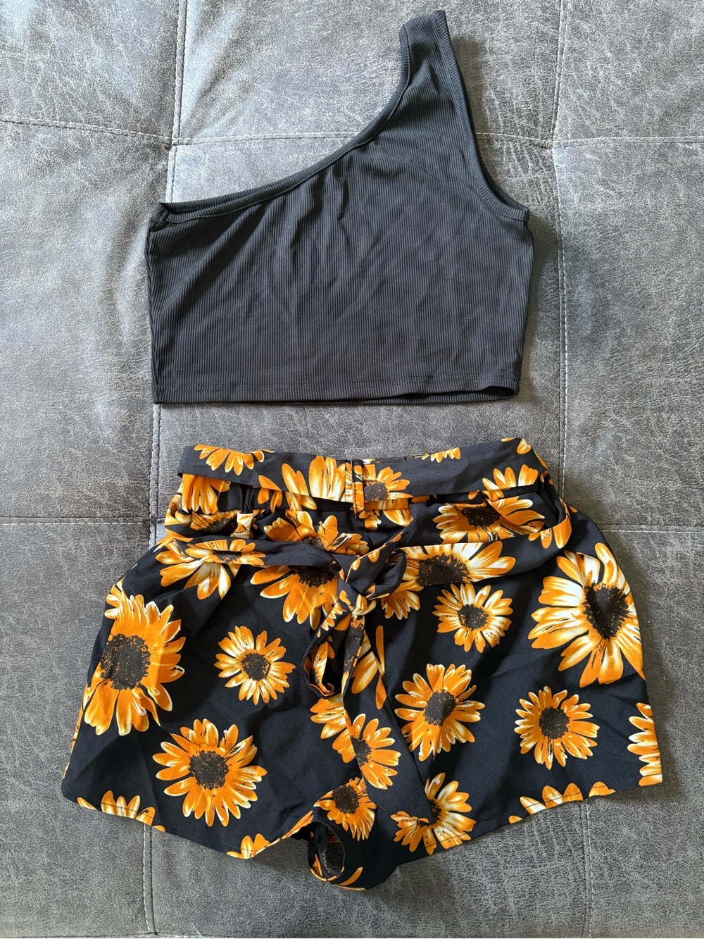 SHEIN Black One-Shoulder Crop Top with Black & Yellow Sunflower Print Shorts